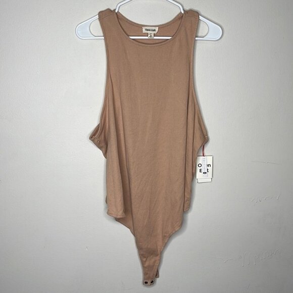 Open Edit Crewneck Rib Thong Bodysuit In Tan Nougat - Picture 3 of 4